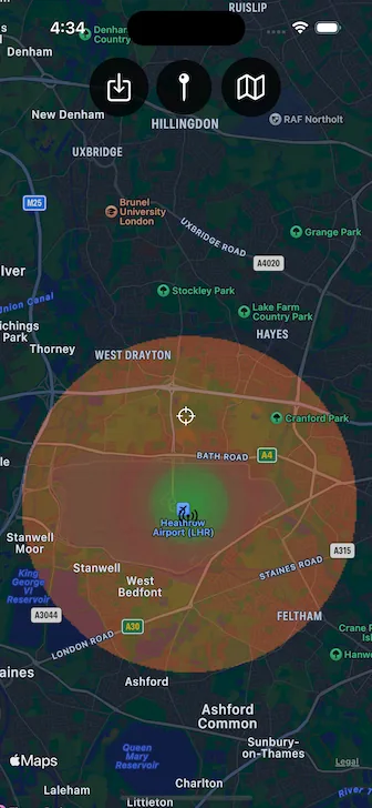 The generated heat-map overlaid on the map around the transmitter
