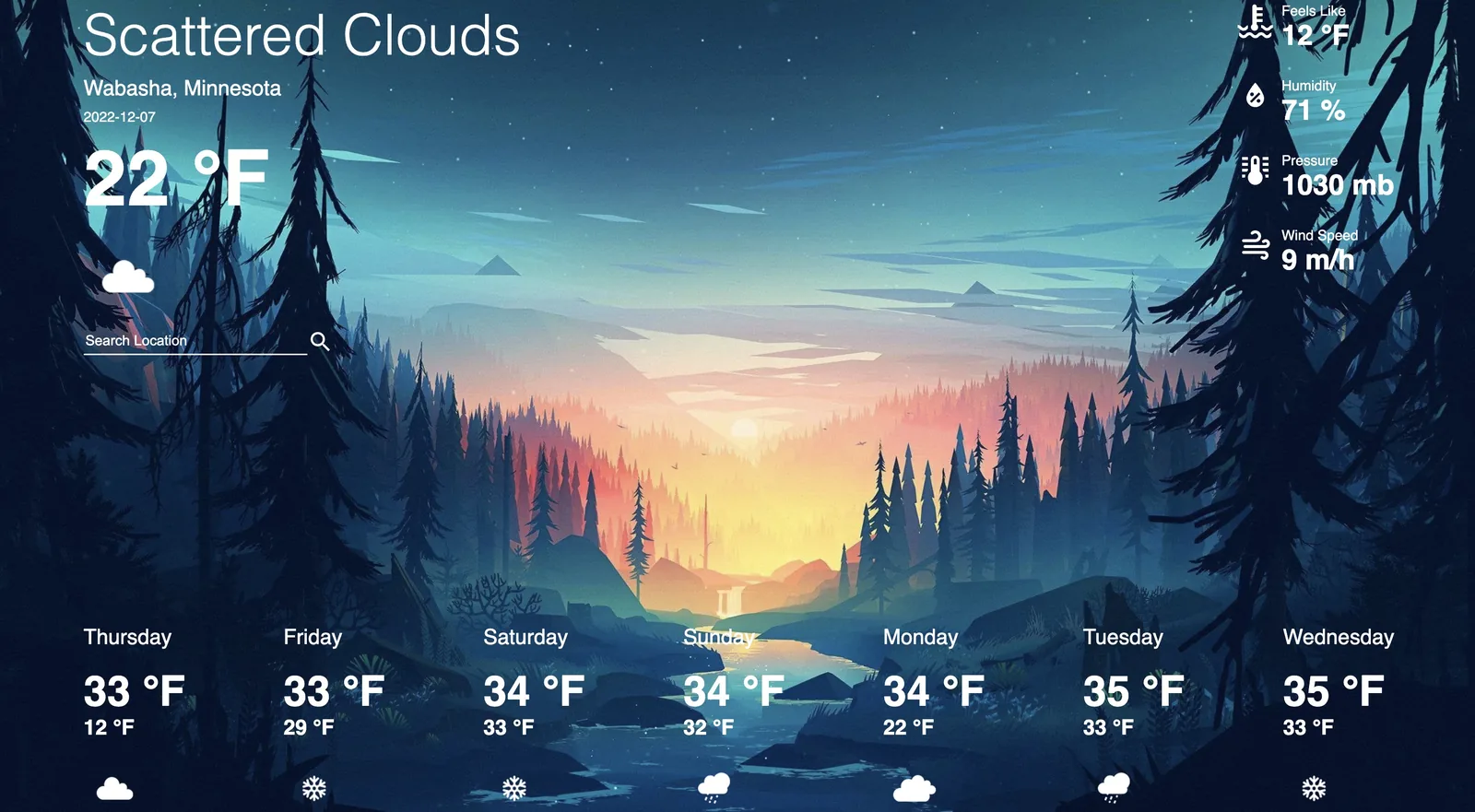 The weather app showing a searched location with its current conditions and forecast
